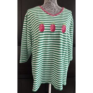 Quacker Factory Pineapple Green White Striped Embroidered Top Shirt Size‎ 3X
